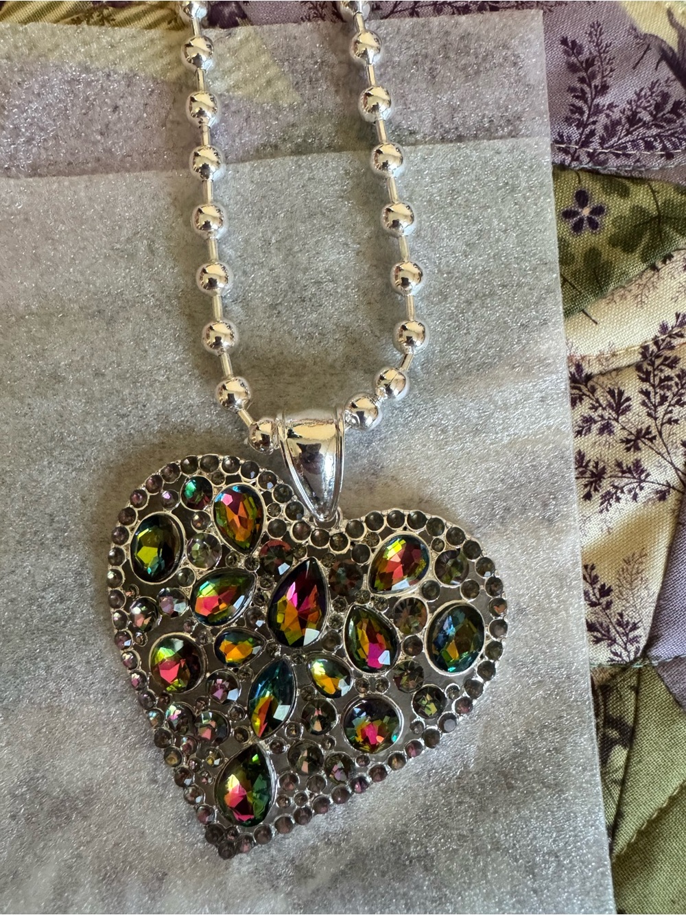 Silver Heart Pendant Necklace with Iridescent Multicolor Crystals